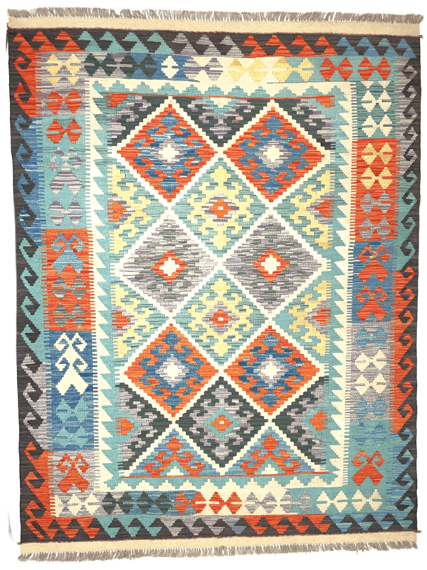 Kelim Afghan 198x152 - Schwarz, Türkis, Orange, Gelb, Blau